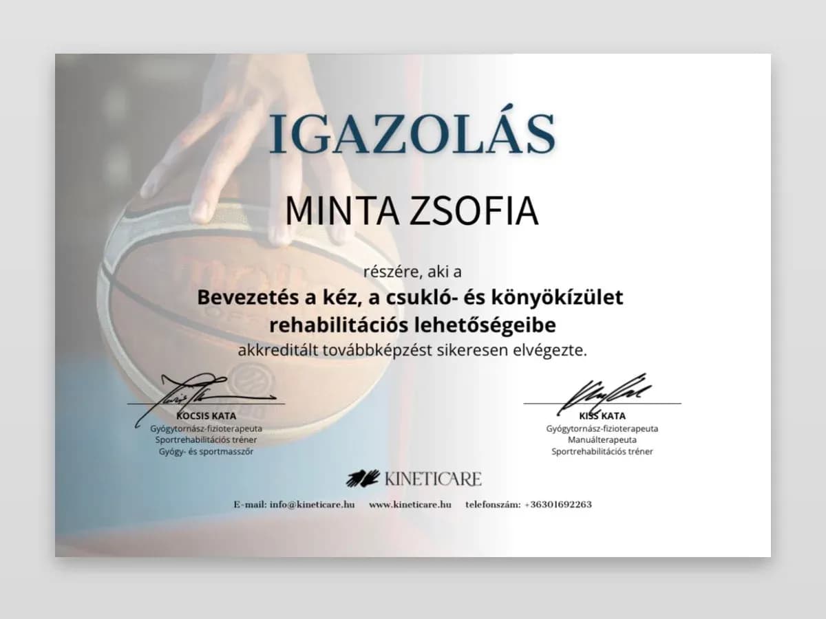 Minta igazolás az akkreditált továbbképzés sikeres elvégzéséről, Kocsis Kata és Kiss Kata aláírásával.